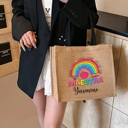 Maestra Customized Name Linen Tote Bag Organizer New Fashion Shoulder Bag Travel Storage Handbag Shopping Bags Gift for Teachers
