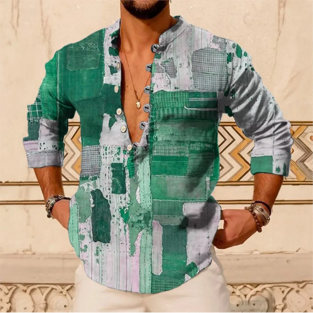 

Богемная винтажная мусульманская мужская одежда в клетку с принтом, льняные свободные пуловеры с длинными рукавами, осенняя повседневная рубашка с воротником-стойкой на пуговицах