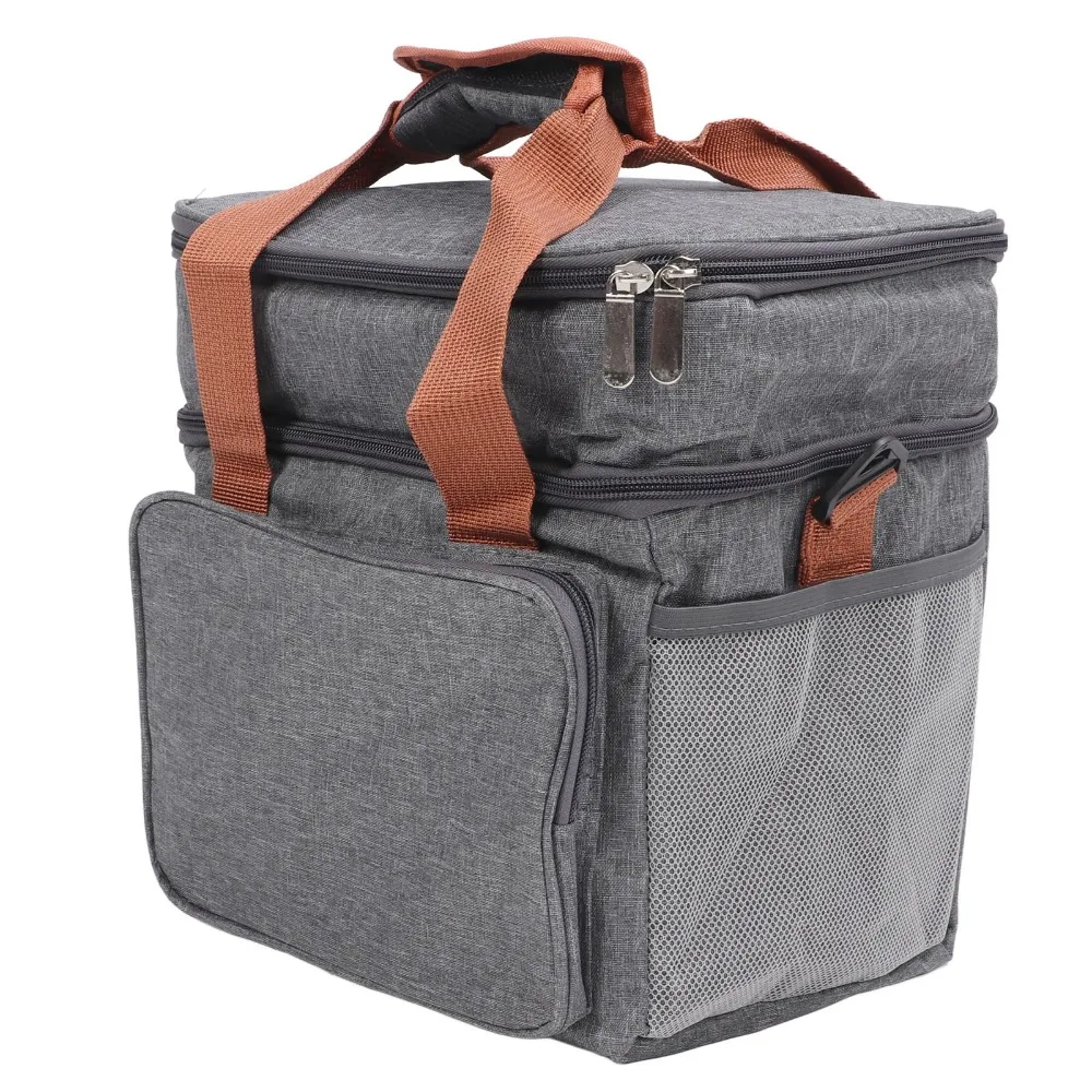 Portable 2 Deck Insulated Lunch Box 2-Way Zipper Grey/Blue Lunch Bag Cooler Bag For Outdoor Hiking