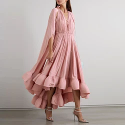 Cape Effect Tie Ruffled Crepe Dress 2025 Fashion Pink Chiffon Arabic Dubai Formal Party Dresses Evening Gown فساتين سهرة Custom