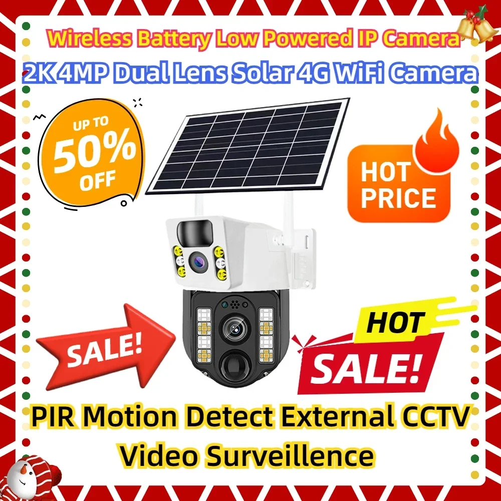 Wireless Battery Low Powered IP Camera PIR Motion Detect External CCTV Video Surveillence 2K 4MP Dual Lens Solar 4G WiFi Camera