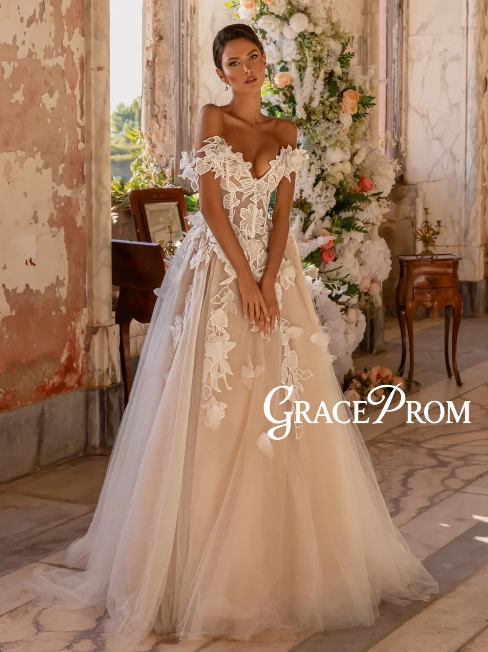 

New Arrival Floral Appliques Wedding Dress Modern Off Shoulder Customized Ethereal A Line Lace Up Back Delicate Bridal Gown