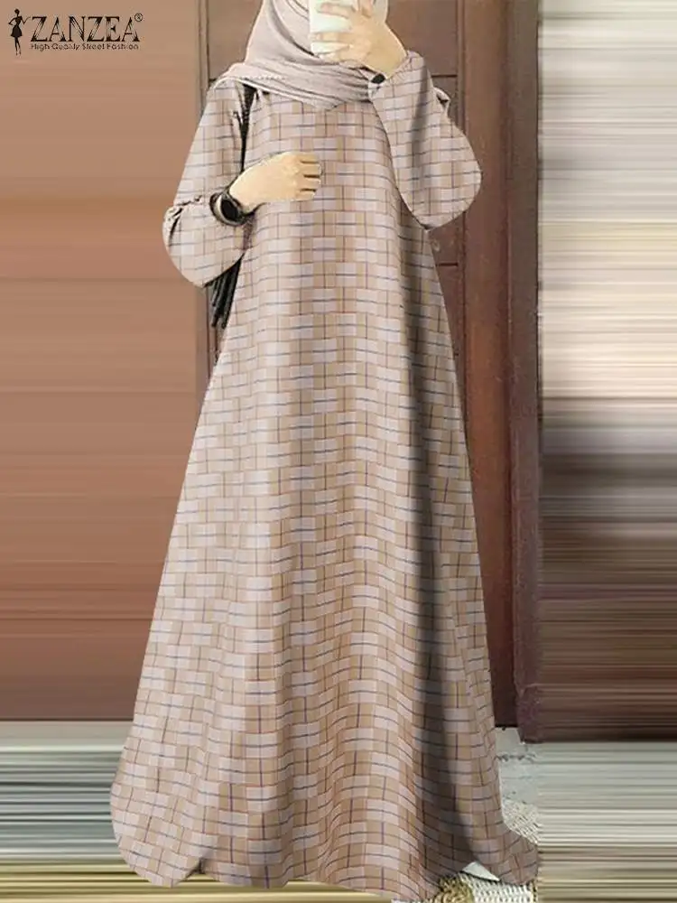 ZANZEA moda musulmana O collo Abaya Robe Holiday Plaid Casual allentato donna Maxi vestito 2024 autunno manica a sbuffo vestito caftano a quadri