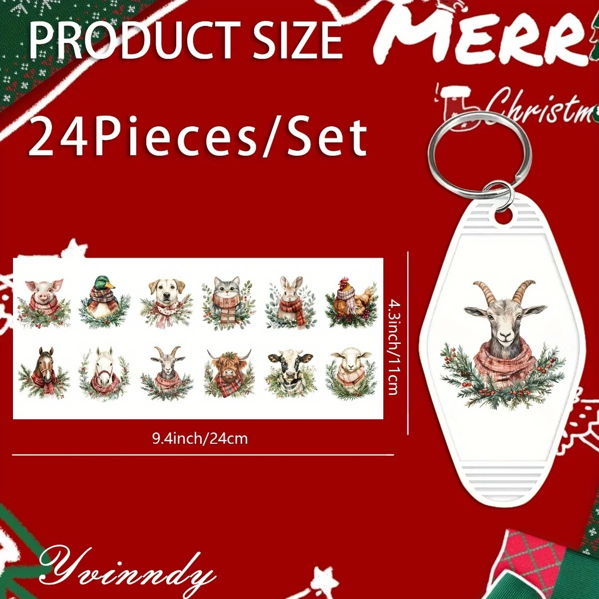 24Pcs/Set UV DTF Christmas Farm Animals UV DTF Packaging Transfer Paper Waterproof Keychain Sticker For Hotel Keychains