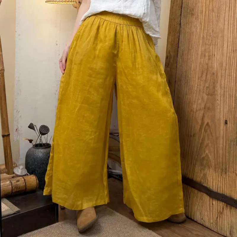 

New Arrival Art Style Spring Summer Women Elastic Waist Loose Ankle-length Pants High Quality Ramie Double-deck Straight Pants
