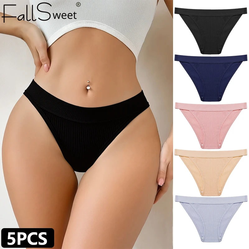 FallSweet 5PCS Ribbed Cotton Panties Women Briefs Pack Ladies Low Waist Antibacterial Underwear Student Girls School Underpants
