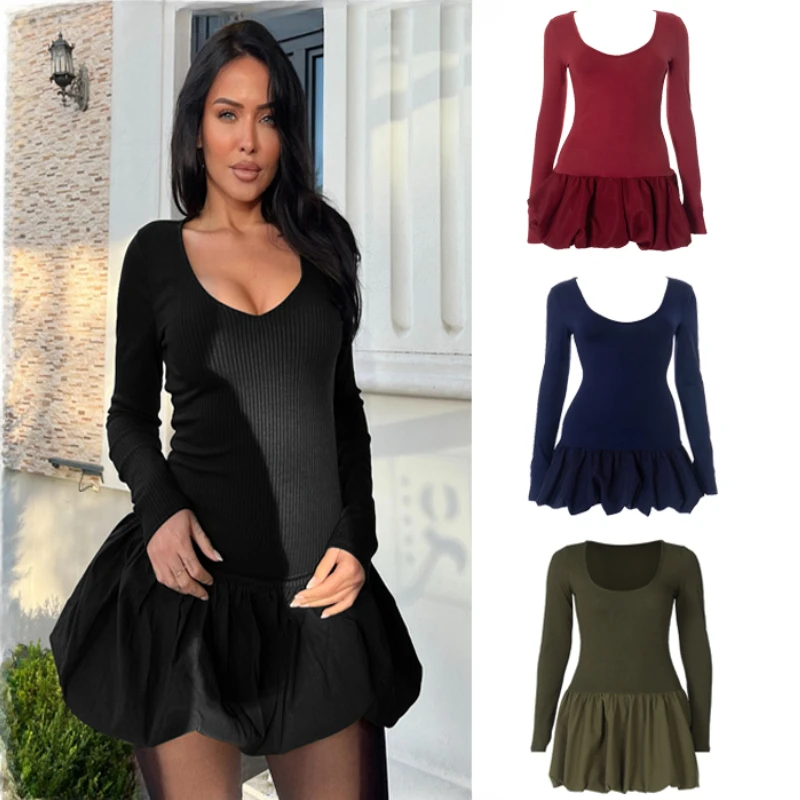 

Elegant Solid Color Mini Dresses Women Sexy Deep V Neck Slim Long Sleeve Spring Fashion Club Party Female Vestidos