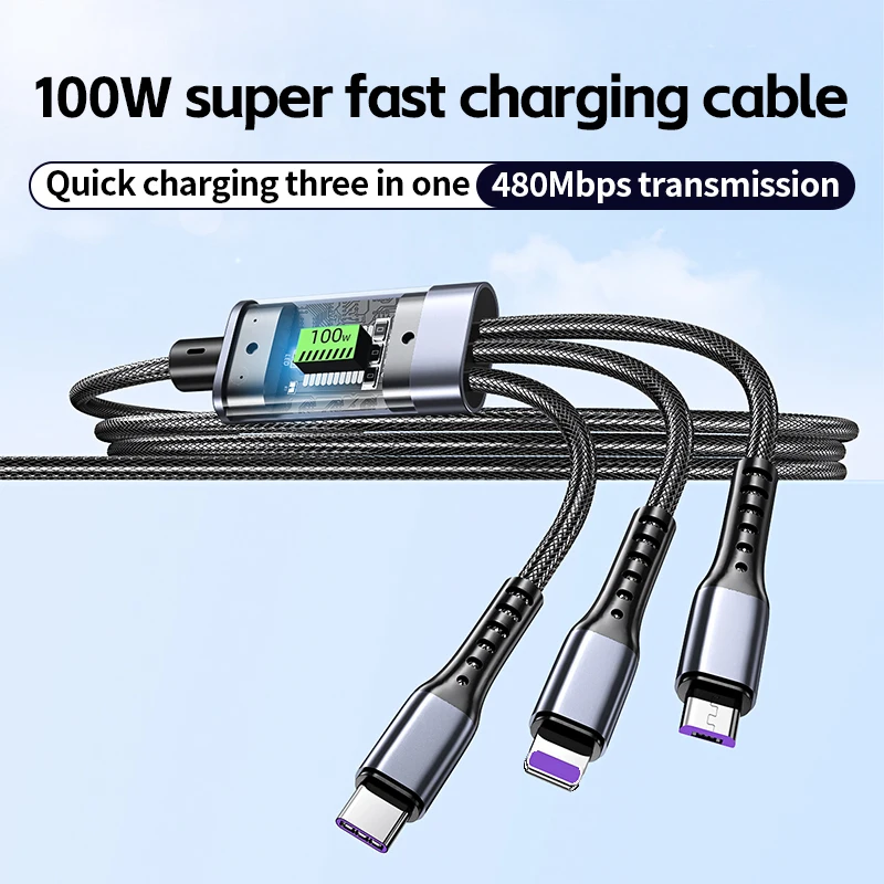 100w 3 In 1 Transparent Fast Charging Cable Type C Usb Micro For iPhone Samsung Huawei Xiaomi Pilot Lamp Charger Usb C 6A