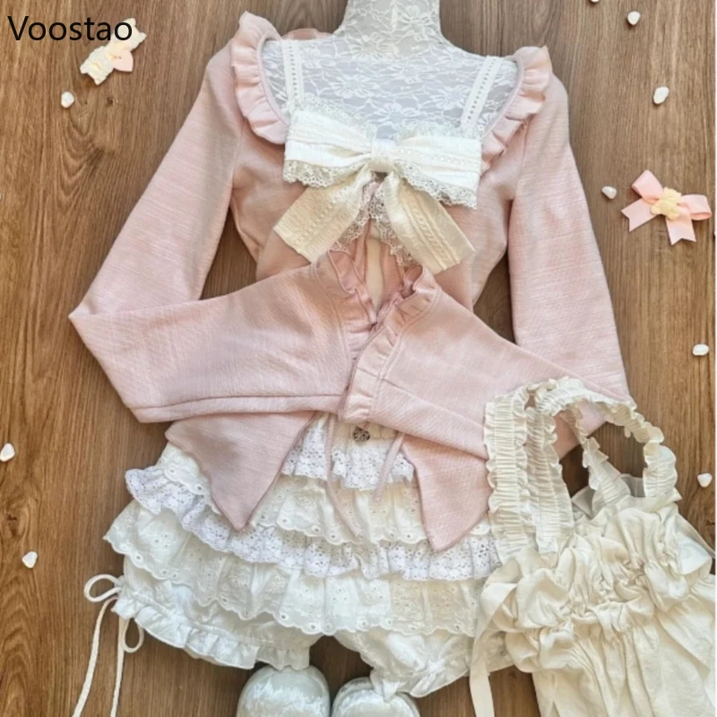 Japońska Kawaii Lolita 3-częściowe zestawy Lolita Y2k Kardigan Płaszcze Mini spódniczki Gorset Kamizelka Topy Vintage Garnitury Jesienne szykowne