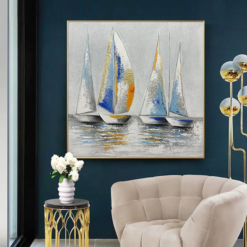 

Sea Wall Art Ocean Sailboat Oil Painting Hand Painted Style Picture Nautical Canvas Picture Gold Boat Artwork Coastal Wall Decor