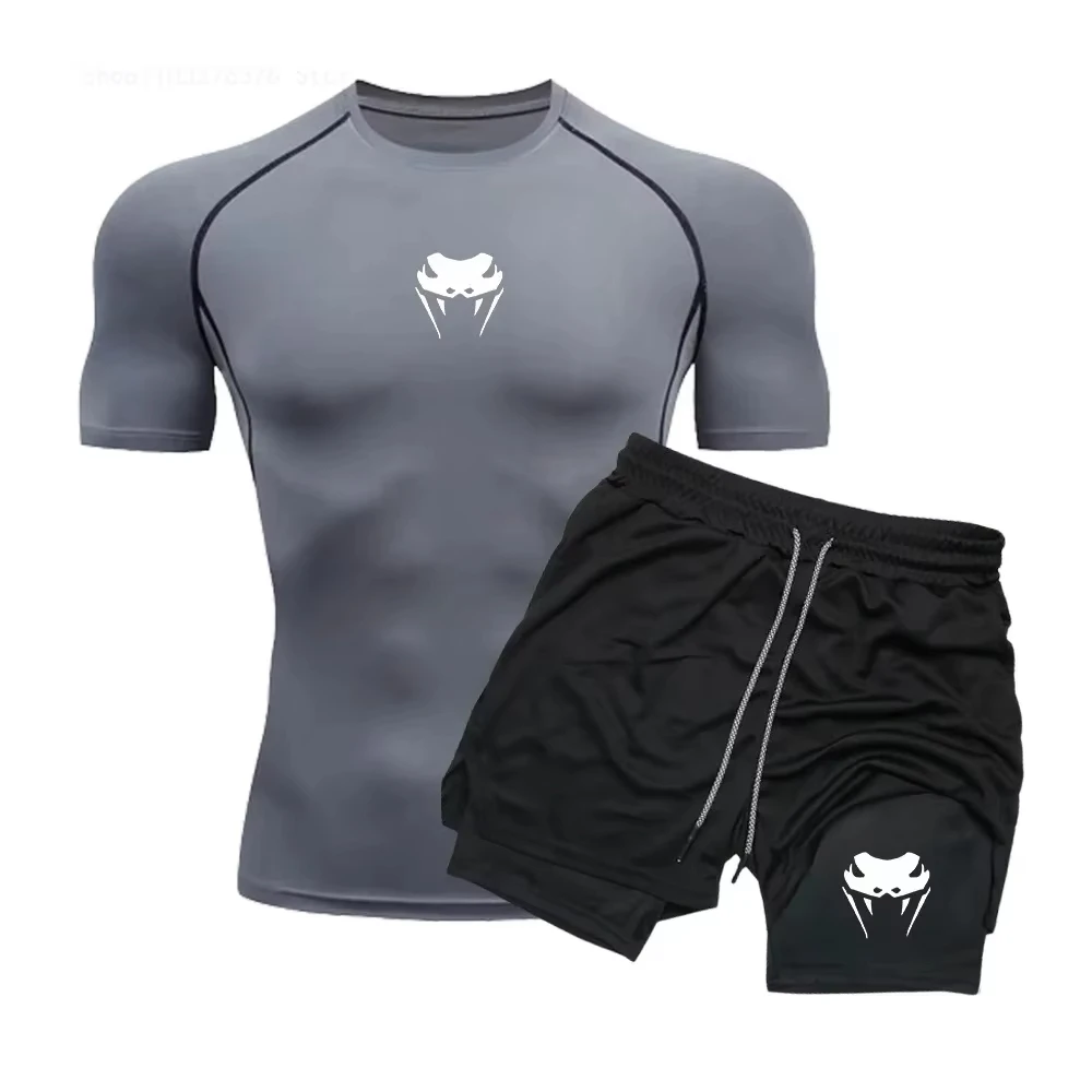 Men Compression Athletic Fitness Wear - Quick-Dry Tight Short-Sleeve Anime Double-Layer Shorts Summer Set Fitness Running Set image 4
