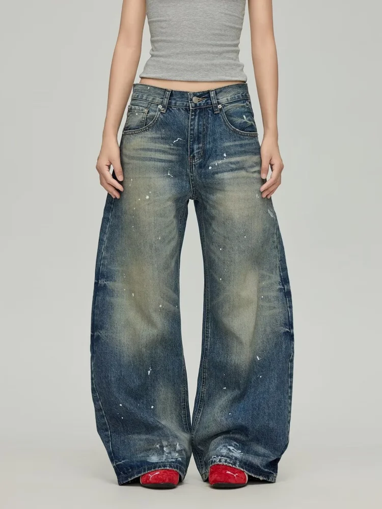 Spodnie jeansowe damskie 2025 Cyber Y2K Streetwear Vintage Blue Paninting Baggy z szerokimi nogawkami, spodnie dżinsowe damskie, pantalon femme
