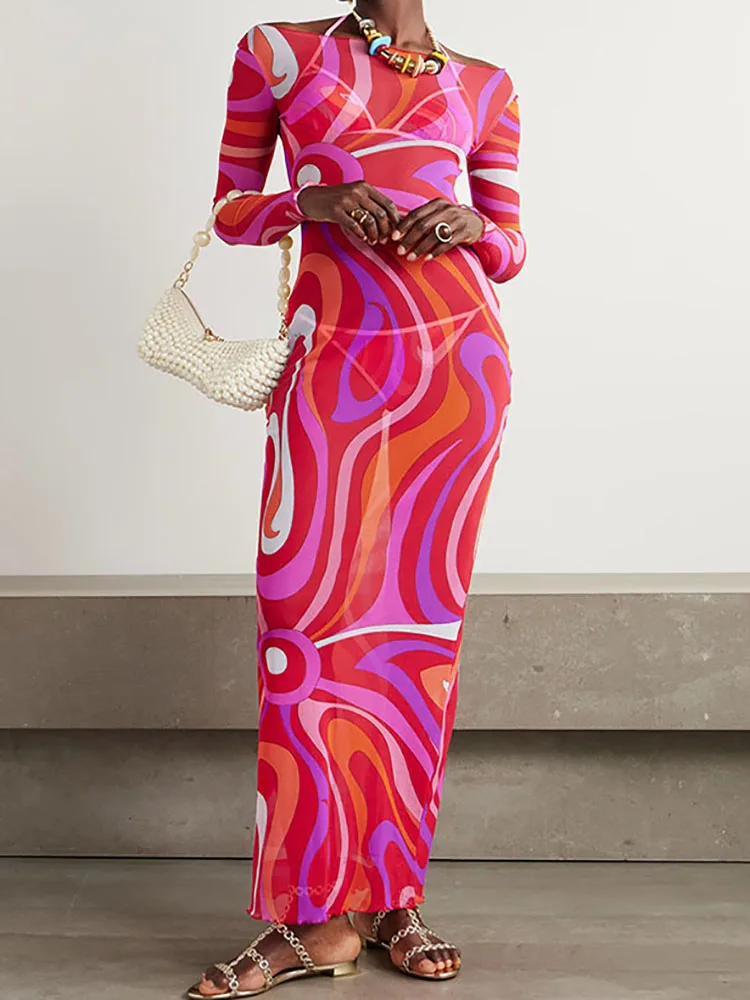 Slash Neck Slim Patchwork Chic Party Dress Women Summer Full Sleeve Simple Maxi Dress 2025 Printing Casual Ladies Dress Vestidos