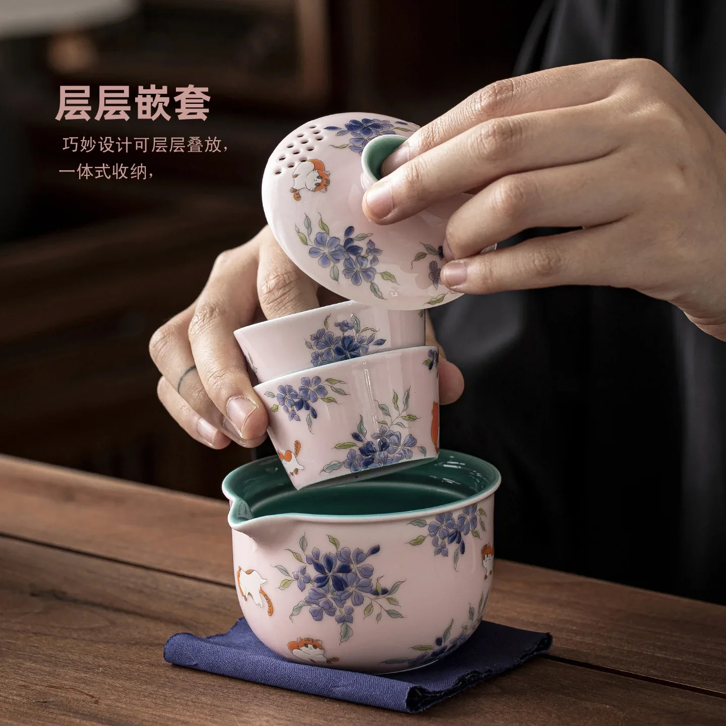 Ladies tea set one pot two cups pink cut cat high-looking outdoor tea ceremony camping portable travel tea set for two persons