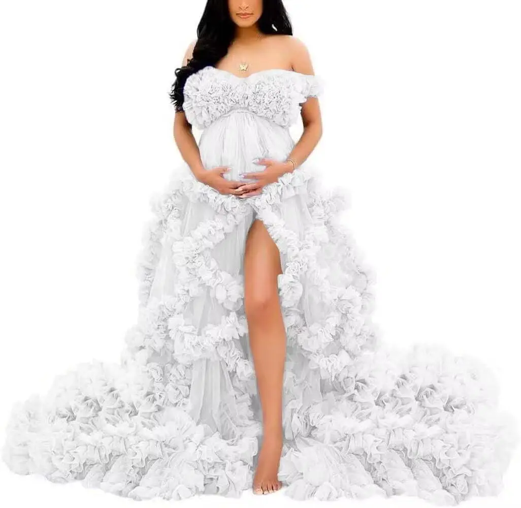 Fotoshoot & babyshower tule zwangerschapsjurk - off-shoulder, puffy ruches, elegante lange jurk voor zwangerschap