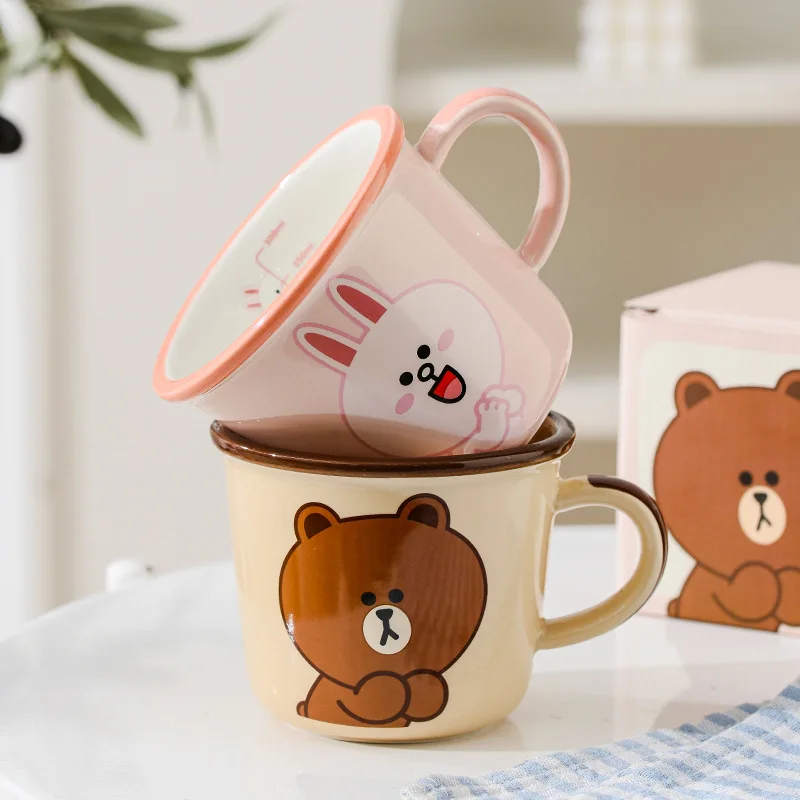 Kawaii Line Friends Mugs Cartoon Brown Doll Girl Ceramics Scale Handle Cups Cute Cony Couple Coffee Cup Gift Child Milk Cup