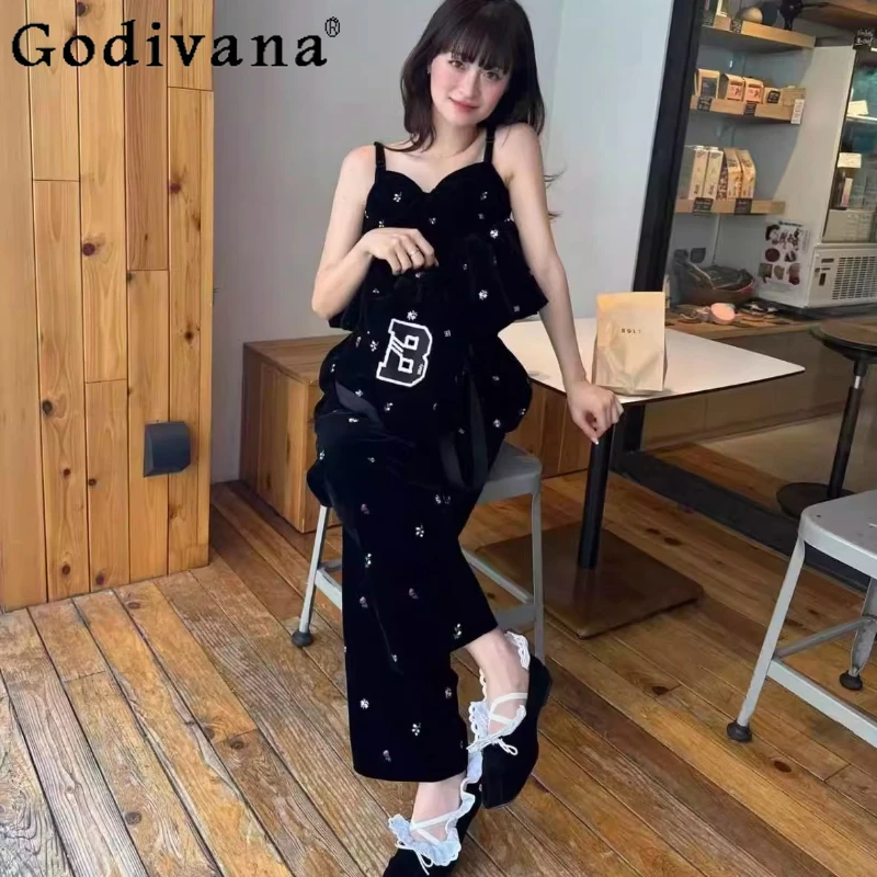 

Модные милые брюки с эластичной резинкой на талии в японском стиле, осенне-зимние новые женские утягивающие широкие брюки для девочек, комплект майки с бутонами