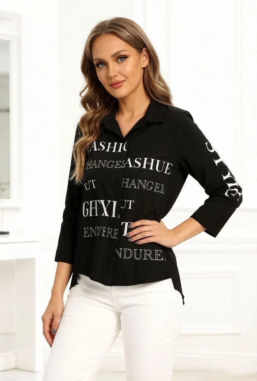 Women Oversized Letter Print Blouse Black Lapel Long Sleeve Button Down Shirt Loose Casual Elegant Top