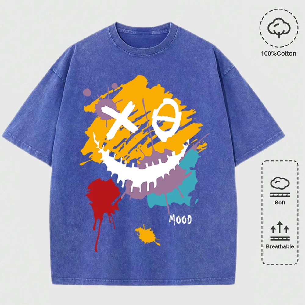 

Happy Mood Paint Graffiti Printed Men Washed T Shirts Cotton All-Match T-Shirt Loose Tops Summer Crewneck Comfortable Streetwear