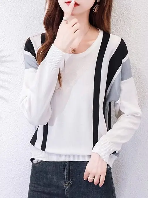 2024 Autumn/Winter Fashion Knitted Shirt Women's Striped Color Blocked Top Long Sleeve Inner Loose Sweater Bottom Shirt Trendy