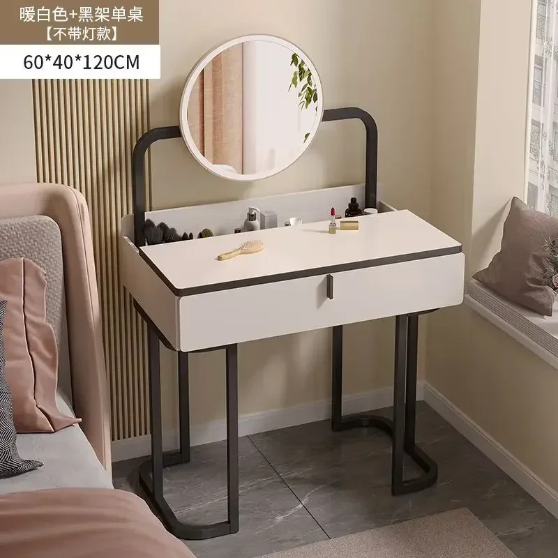 Modern Vanity Set with Lighted Mirror Stool, Large Makeup Vanity Desk Dressing Table with LED Lights, 2 Drawers, Storage Shelves