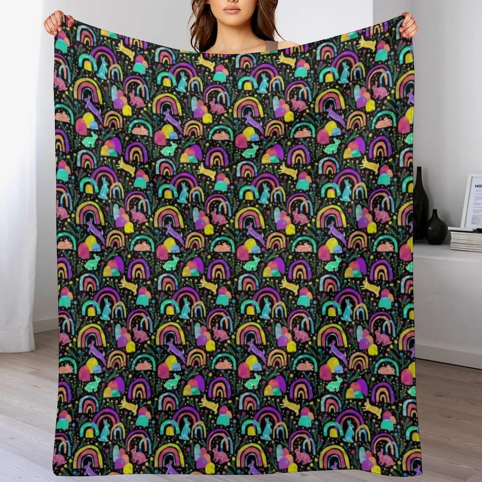 

Rainbow Rabbits - black Throw Blanket Cozy Warm Blanket for Bed Room Decor