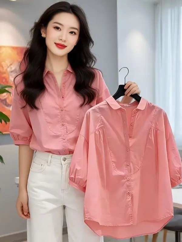 

Loose Casual Lantern Sleeve Shirt Stand Collar Seven Quarter Sleeve Top Summer Fashionable Korean Design Versatile Loose Fit