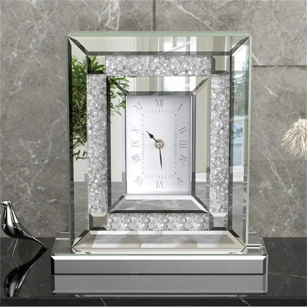 Artloge Desk Clock 30x9.6x33cm Silver Glass Table Clock Mirrored Crushed Diamond Edge for Living Room, Bedroom Decor