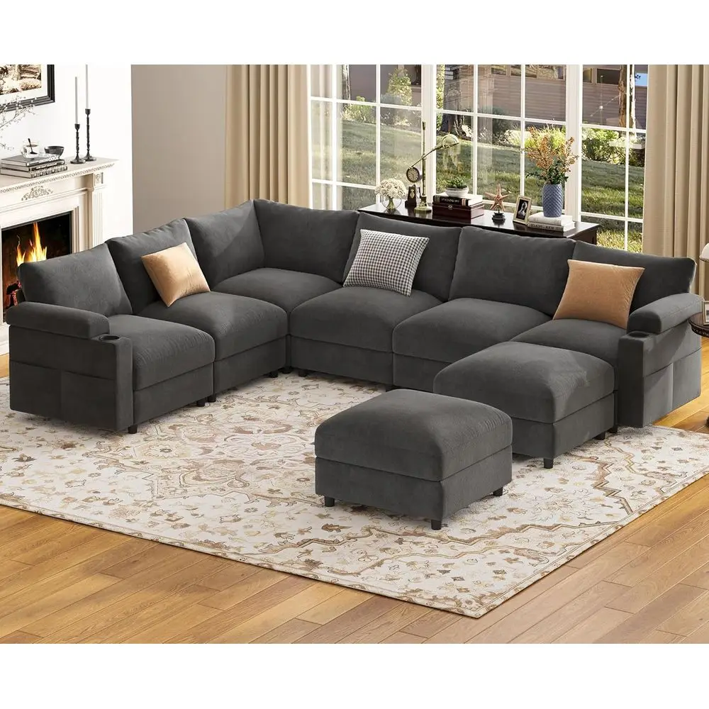 

Velvet Grey Oversized Cloud-Shaped Sleeper Sofa with Detachable Chaise and Cushions (8 Seats)