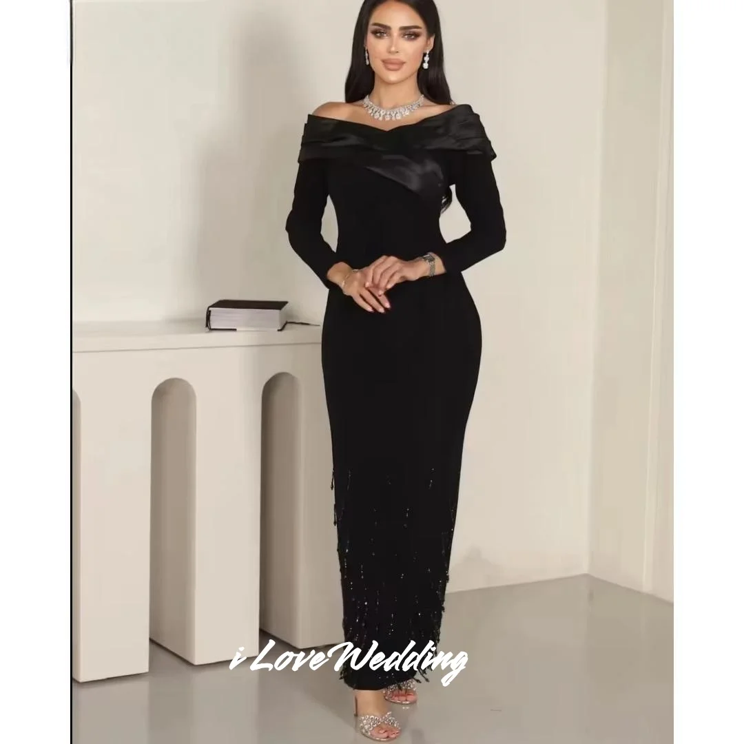 

Black Evening Dresses 2025 Off Shoulder Long Sleeve Beaded Mermaid Ankle-Length Prom Dress Pleated Wedding Party Dress Customize