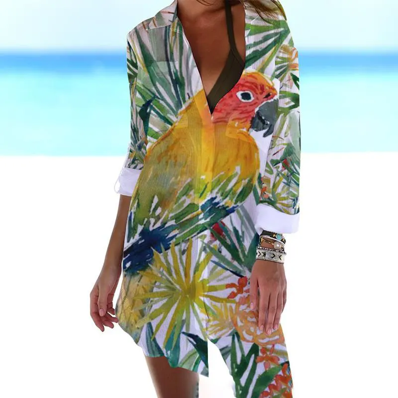 Summer new 3D printed bird sun protection pleated fabric pocket hidden button beach shirt Bohemian women\'s sexy bird print shirt