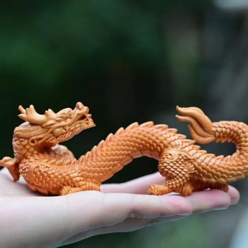 Solid Wood Carving Chinese Dragon Statue Auspicious Shenlong Figurine Feng Shui Wealth Luck Ornament Traditional Oriental Sculpt
