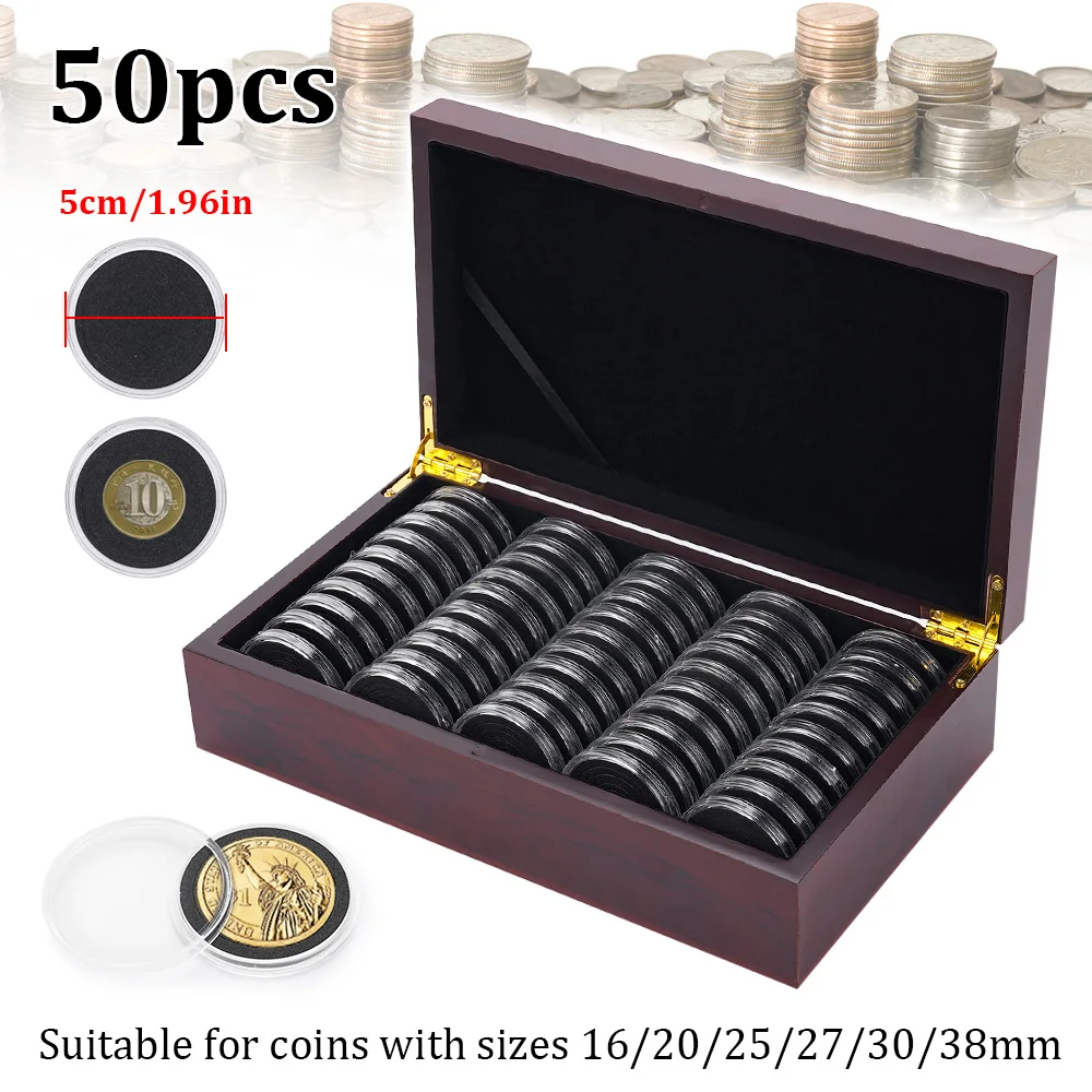 50PCS Wooden Coin Collection Box With Inner Pad 16/20/25/27/30/38MM For Stamp Zodiac  Banknote Storage Commemoration Collect Box