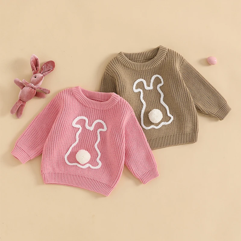 VISgogo Toddler Easter Sweaters Bunny Plush Ball Long Sleeve Round Neck Ribbed Chunky Knit Jumper Tops