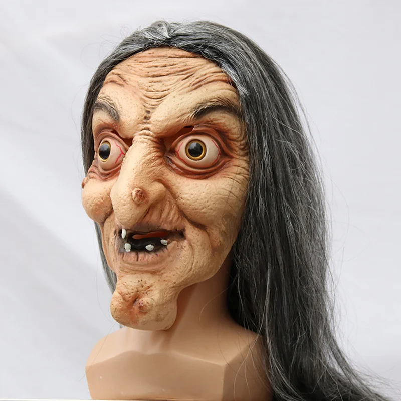 Scary Old Witch Mask Latex with Hair Halloween Fancy Dress Wig Grimace Party Costume Cosplay Masks Props Adult