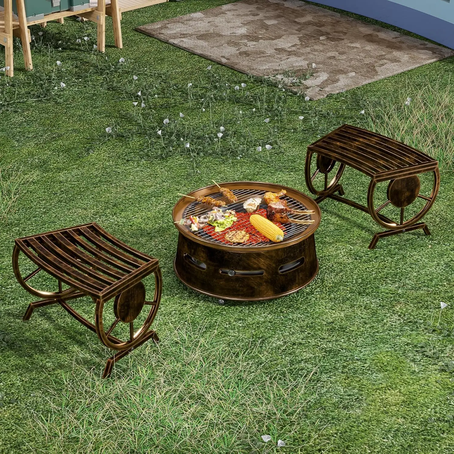 

Outdoor Patio Outdoor Garden with Built-in Table, Wagon Wheel Arms, 3 People Outdoor Garden Front Porch