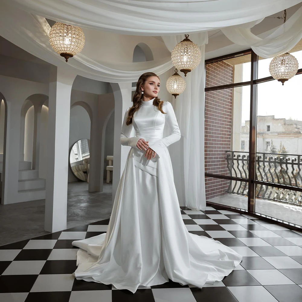 

Simple Muslim Wedding Dresses High Neck Long Flare Sleeve Brides Dress Pleat Mermaid Islam Bridal Gown Customized robe de mariée