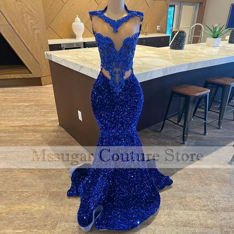 

Royal Blue Prom Dresses 2023 Luxury Beaded Embroidery Sexy Mermaid Style Black Girl Prom Gala Party Gowns