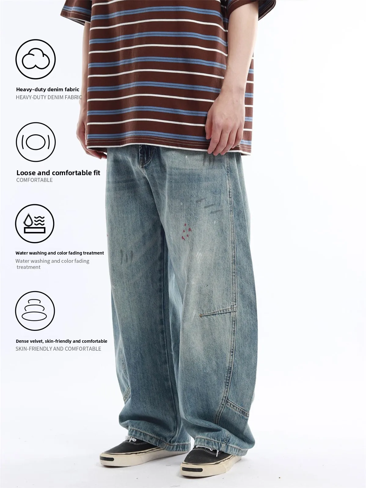 REKNAT Japanese Style Men's Wide Leg Loose Jeans Dye Design Fashionable Neutral Brand Casual Long Pants mid Waist Zipper