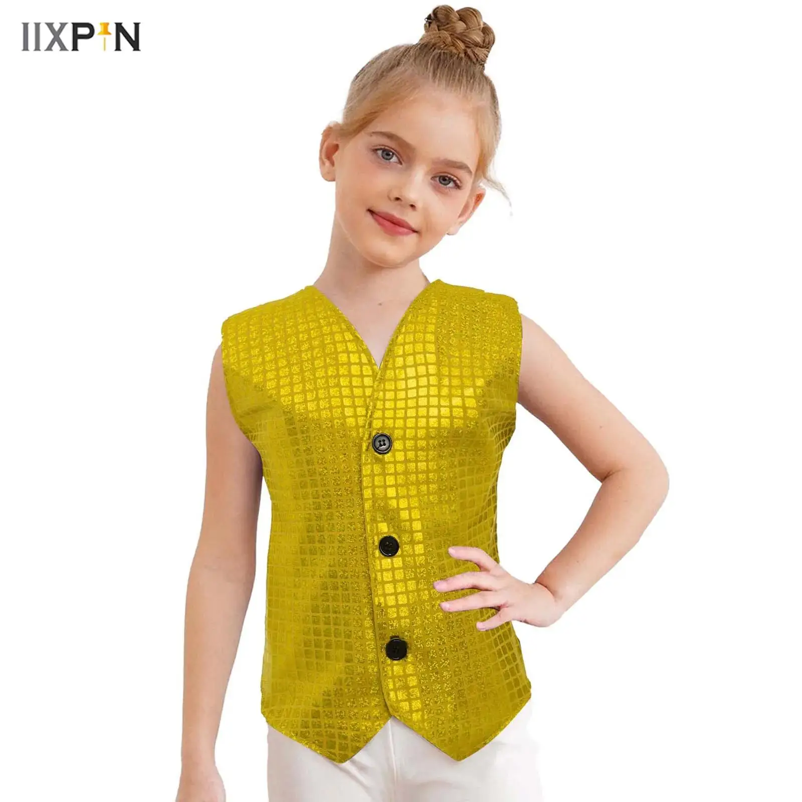

Kids Girls Boys Jazz Hip Hop Dance Tops V-neck Sleeveless Asymmetrical Hem Button Metallic Plaid Vest Stage Performance Costume