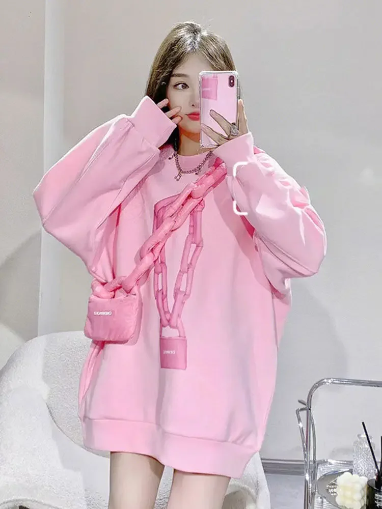 Pink Sweatshirt Medium-length Women’s Cloting New Korean Loose Fashion Hundred Matching Pullover Long-sleeved