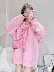 女性のミドル丈ピンクのスウェットシャツ,長袖のプルオーバー,ルーズな服,100のマッチ,韓国のファッション,新品