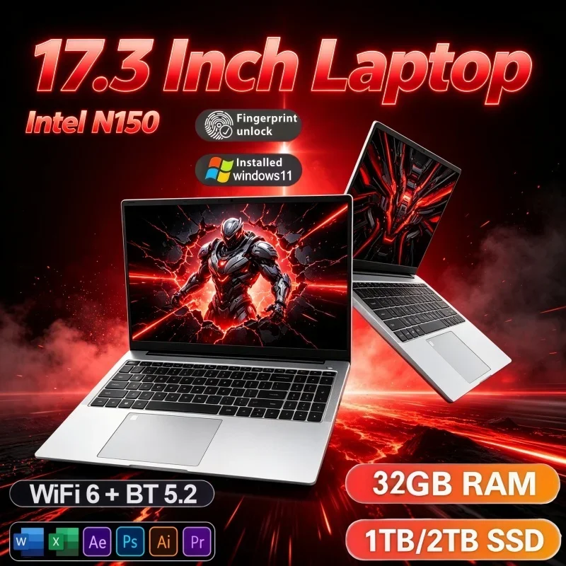 Portable 17.3 Inch 4K Gaming Notebook Intel N150 Win11 32GB RAM 2TB SSD WiFi6 Fingerprint Security Unlock Laptop For Office