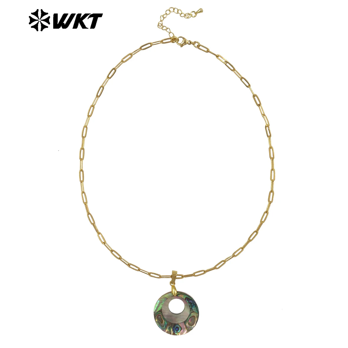 

WT-JN350 Vintages Gold Electroplated Rectangle Chain With Natural Abalone Shell Round Hollow Pendant Ladies Necklace Jewelry