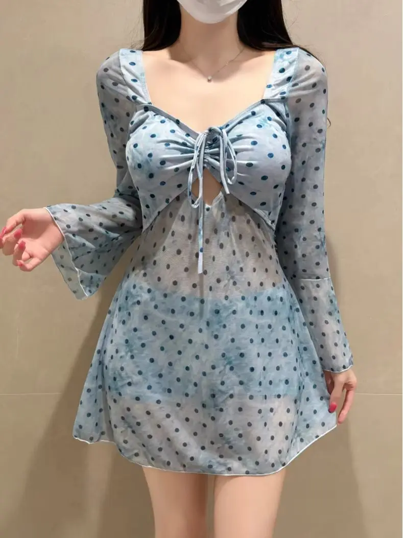 Plus-Size Women's Skirt-Style Long-Sleeve Retro Polka-Dot Swimsuit Curvy Women Flattering 2pcs