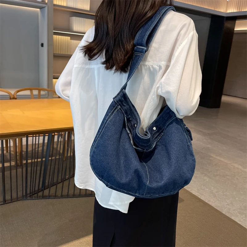 Large Denim Women\'s Bag New Jeans Messenger Bag Y2K Canvas Shoulder Cross Bag Campus Eco Bag Korean Shopper Hobos Female Handbag