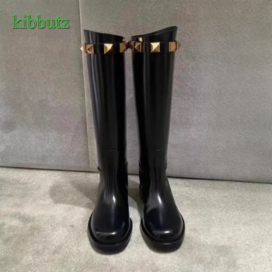 Studded Leather Straight Boots,Comfortable Round Toe Low Heel Knee High Boots Women Shoes Winter 2023 New Zapatos Para Mujere