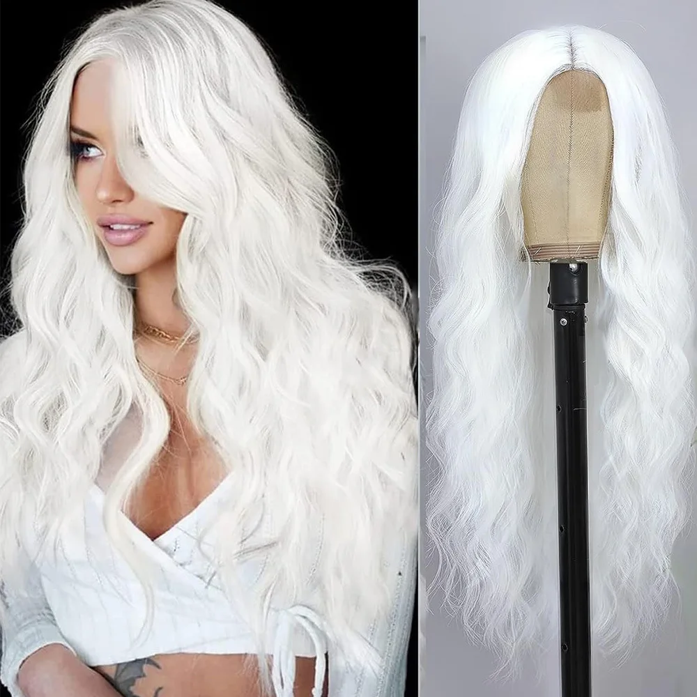 Mode Kleine Lacewig Dames Wit Lang Krullend Haar Pruiken Uit Chemische Vezel