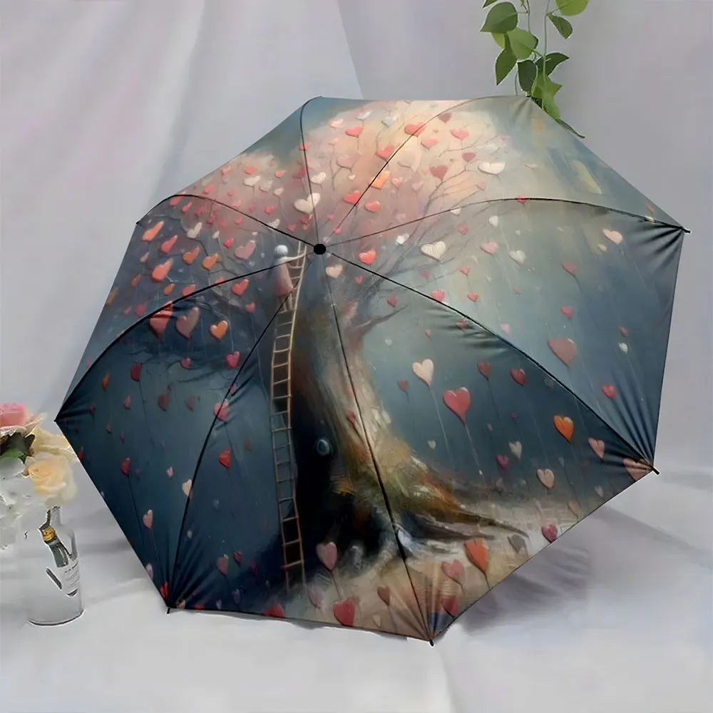 1PC Romantic Tree Design Umbrella with Heart Decorations Print 8 Iron Ribs Folding Umbrella Auto-Open Fashion Sunshade