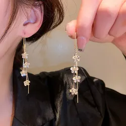 Flower Long Dangle Drop Earrings For Women Shiny Full Zircon Hanging Earring Summer Fashion Ear Jewelry For Party Wedding